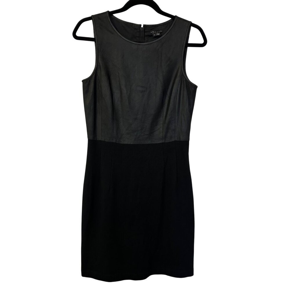 Theory Goat Leather Bodice Mixed Media Mini Sleeveless Black Dress Size 6